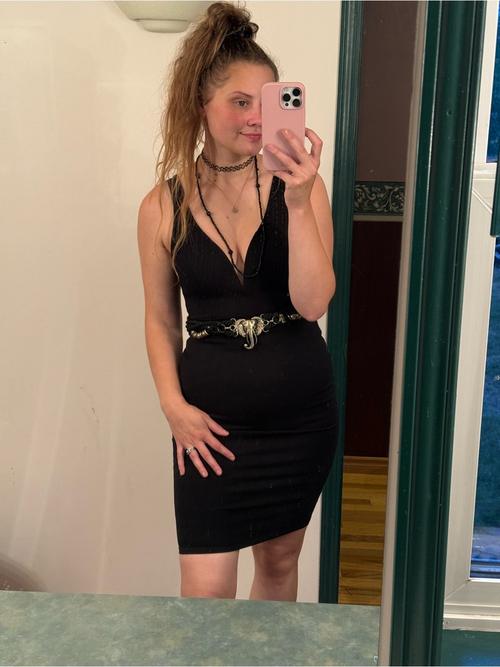 Classic Black V-Neck Mini Dress with Decorative Belt